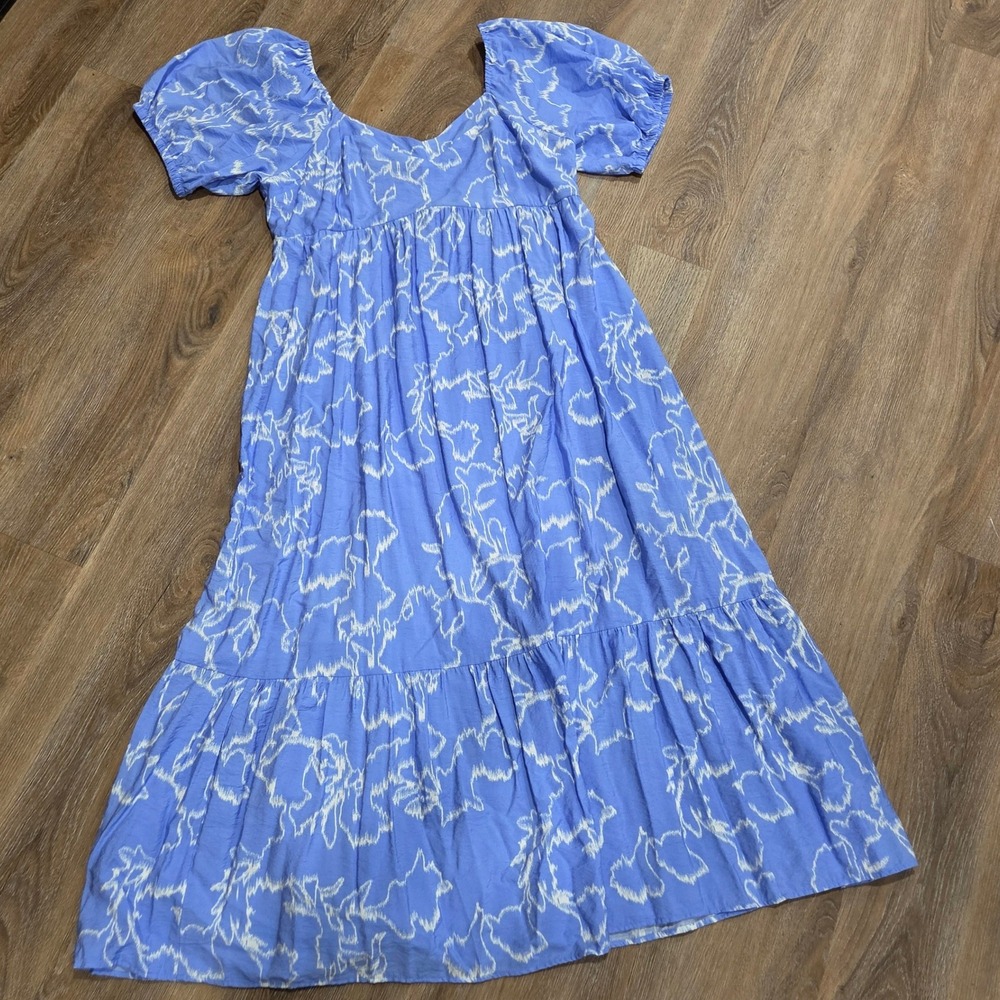 Nine West Blue White Ikat Print Puff Sleeve Smocked Tiered Midi Dress XXL
